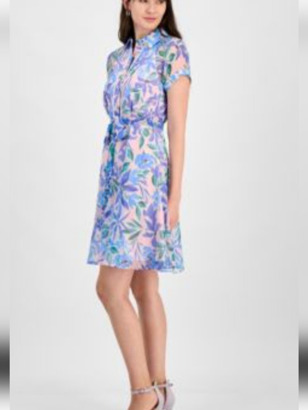 Tahari Pastel Floral Shirt Dress in Lavender, Pink and Blue